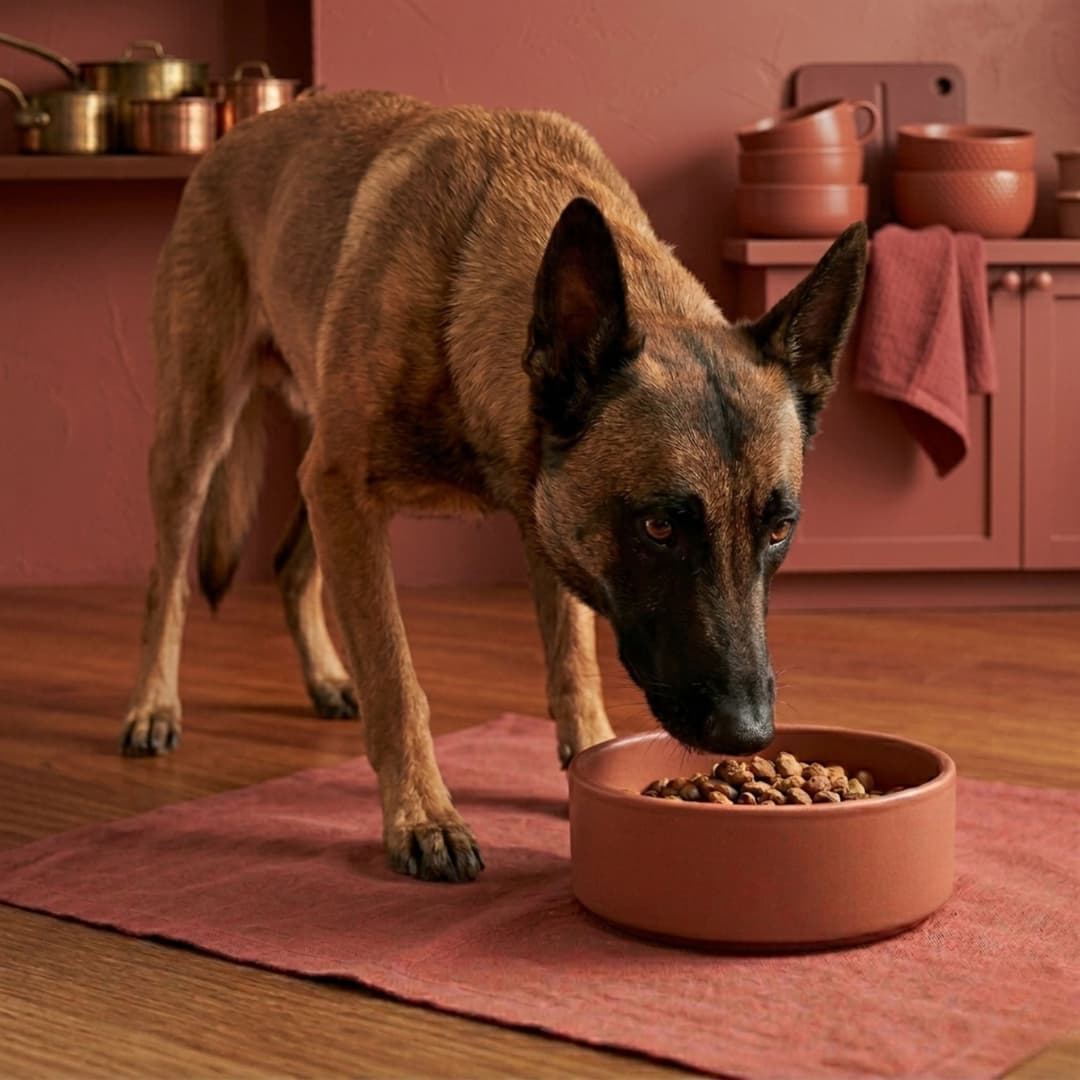 Berger Malinois mangeant dans sa gamelle - Alimentation Animouf