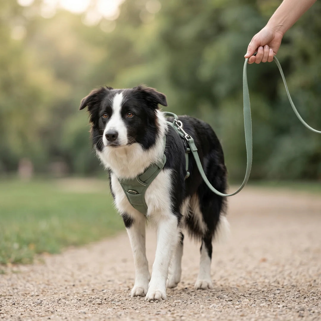 Border Collie en harnais vert sage en balade dans un parc - Promenade Animouf
