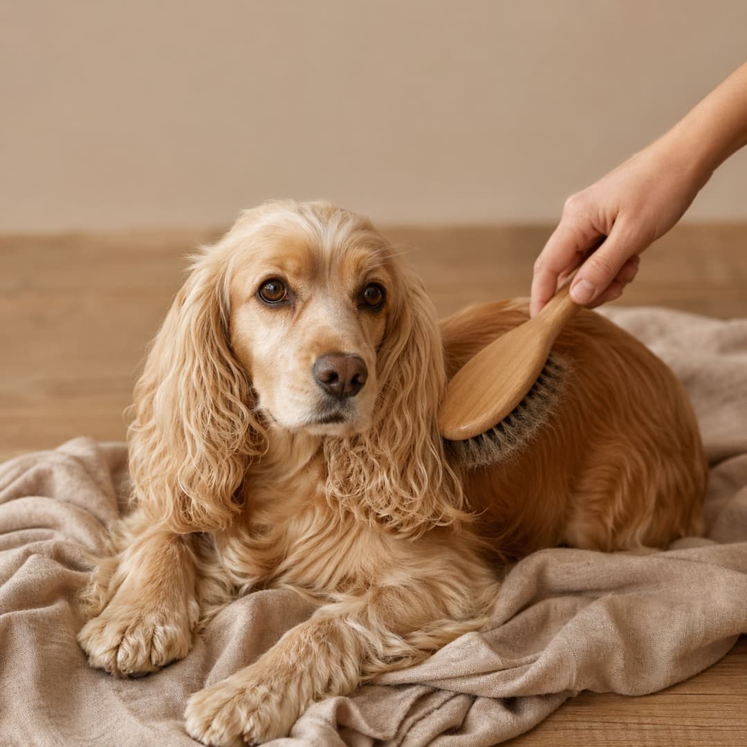 Cocker Spaniel honey-coat se faisant brosser - Toilettage Animouf