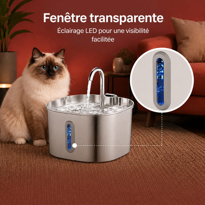 Chat qui boit à la fontaine Fontainouf en acier inoxydable